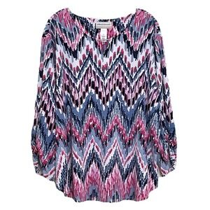 Alfred Dunner Womens Top 3X Pink Puff Ikat Chevron Print Split Neck 3/4 Sleeve